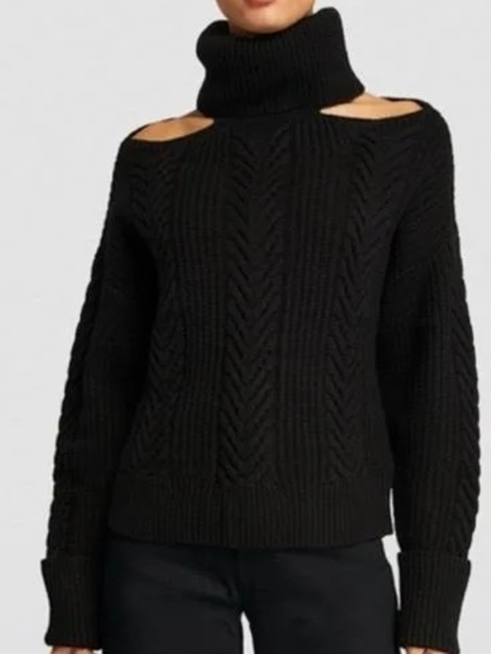 PAIGE Lorilee Black Cold-Shoulder Cable Knot Turtleneck Sweater Wool Blend